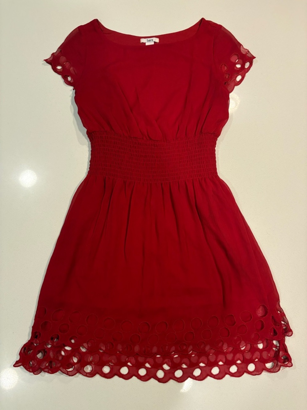 Bar III Red Short-Sleeve Smocked-Waist Dress with Eyelet Hem